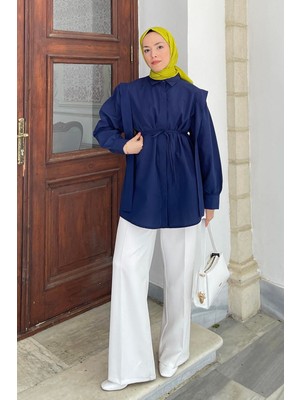 Bel Bağlamalı Omuz Vatkalı Gömlek Lacivert