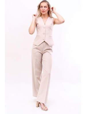 Klasik Yelek & Yüksek Bel Bol Paça Pantolon Takım-Bej