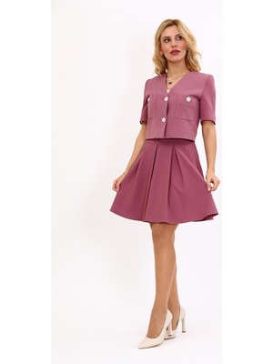 V Yaka  Kısa Ceket & Kısa Kloş Etek-Rose