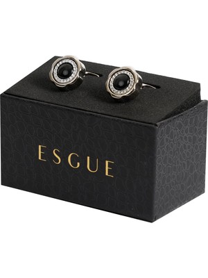 Esgue Gümüş Renk Siyah Yuvarlak Desenli Kol Düğmesi KD:7012