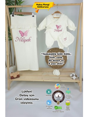 Müslin Yeni Doğan 4katlı Organik %100PAMUK Kişiye Özgü Nakışlı Hastane Çıkış Seti (Çoklu Kelebek-2)