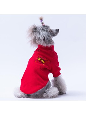 Kırmızı Wow Nakışlı Esnek Kedi Köpek Sweat- Kedi Köpek Kıyafeti