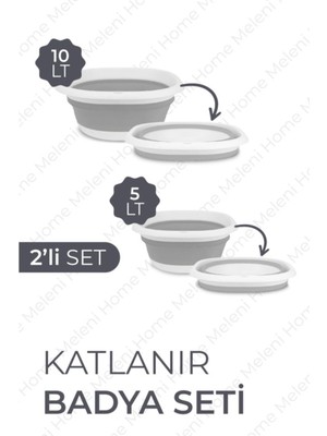 2'li Katlanabilir Badya Leğen Seti 5 Lt ve 10 Lt, Akordiyon Tasarım, Gri Renk