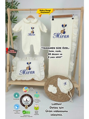 Müslin Yeni Doğan 4katlı Organik %100PAMUK Kişiye Özgü Nakışlı Hastane Çıkış Seti (Balonlu Aslan-4)