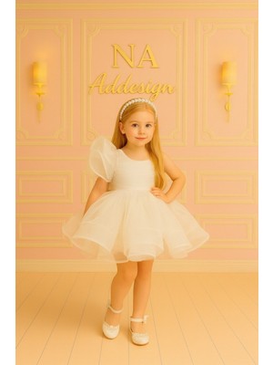 Prenses Kol Tül Detaylı Kabarık Kız Çocuk Elbise , Grenli Kabarık Elbise- Beyaz