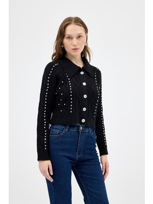 Siyah Kadın Taş İşlemeli Örgü Hırka 7265