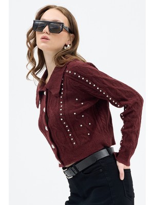 Bordo Kadın Taş İşlemeli Örgü Hırka 7265