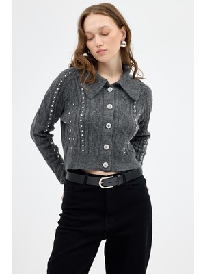 Antrasit Kadın Taş İşlemeli Örgü Hırka 7265