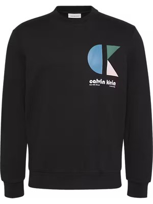 Calvın Kleın Erkek Marka Logo Baskılı Bisiklet Yaka Günlük Kullanıma Uygun Uzun Kollu Şık Görünüşlü Siyah Sweatshirt LV04RC285G Ub1