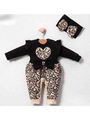 Leopar Desenli Kız Bebek Bandanalı Tulum Takımı