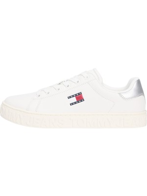 Tommy Hılfıger Kadın Marka Logolu Kalın Tabanlı Elastık Bağcıklı Günlük Kullanıma Uygun Beyaz-Gümüş Sneaker EN0EN02703 0k7