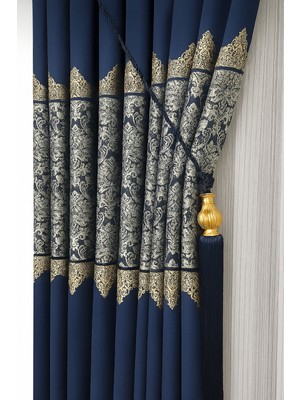 Pano Fon Perde Lacivert Damask Desenli Fon Perde 1 / 3 Sık Pile Pano, Fon, Tül, Perde,