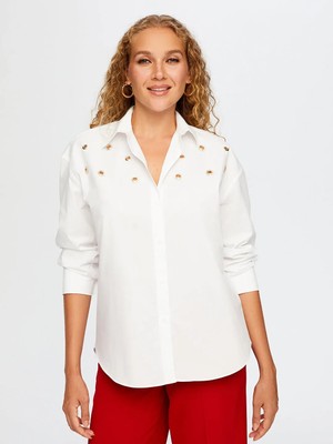 Faik Sönmez Taşlı Trok Aksesuarlı Poplin Kadın Gömlek W26GML008