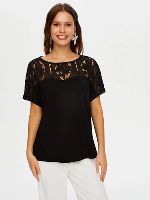 Faik Sönmez Payetli Dantel Garnili Kayık Yaka Kadın Bluz W26BLZ027