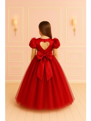 Kabarık, Sırt Kalp Detaylı Saten Astar Kız Çocuk Elbisesi (9 Renk Seçeneği)