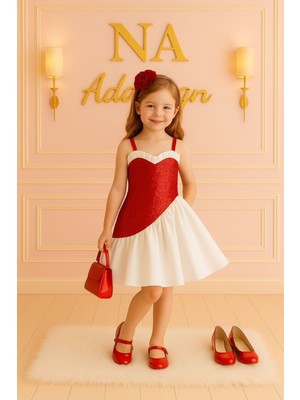 Kız Çocuk Kalp Yaka Payetli Iki Renk Parti Elbisesi Payetli Çocuk Elbise (Kırmızı-Siyah Seçenek)