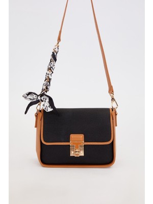 Siyah-Camel Fular Bağlama Detaylı Omuz Çantası