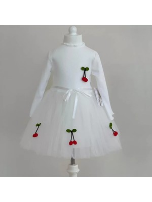 5-6-7 Yaş Kiraz Desenli Kurdela Kuşaklı Astarlı Uzun Kollu Kız Çocuk Tütü Elbise