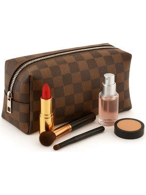 NS Reliable Voice Clutch Seyahat Makyaj Organizeri Kozmetik Çantası Suni Deri - 250 Kahverengi Damalı