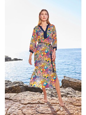 Monamise Çiçek Desenli Yırtmaçlı Truvakar Kollu V Yaka Elbise