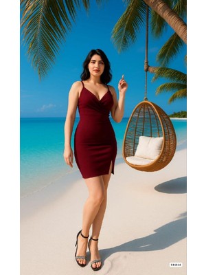 Askılı Yırtmaç Detaylı Mini Elbise 581816 Bordo