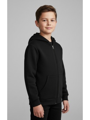 Erkek Çocuk Fermuarlı Kapüşonlu Basic Siyah Hırka