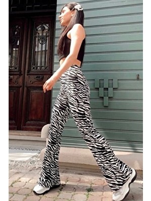 Zebra Desen Krep Kumaş Yüksek Bel Ispanyol Paça Kadın Pantolon 100 cm