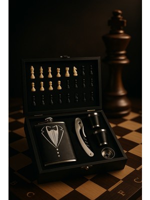 Ahşap Kutusunda Çelik Matara - Çakı - Satranç Takımı - Deri Kaplamalı Çelik Matara Hediye Seti