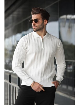 Beyaz Yarım Fermuarlı Polo Yaka Triko Kazak E7426