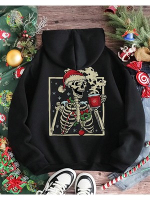 Yılbaşı Temalı Yeni Yıl Kutlayan Iskelet Baskılı Oversize Sweatshirt