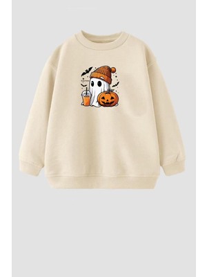 Unisex Çocuk Cadılar Bayramı 3 Iplik Pamuklu Kumaş Baskılı Sweatshirt