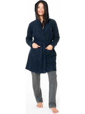 Kadın Uzun Ince Yumuşak Polar Sabahlık S26127 Kapüşonlu Kemerli Cepli