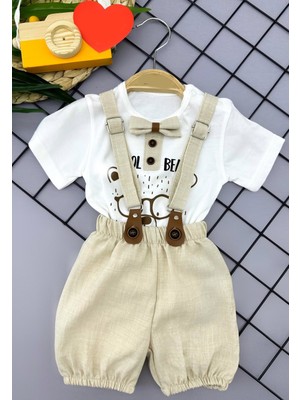 Diji Baby 9-12-18-24 Ay Papyon Detaylı Keten Şort Salopet Tişörtlü 2li Erkek Bebek Takımı
