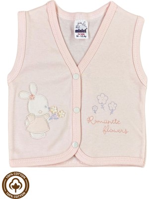 Kız Bebek Çiçekli Ayıcık Nakışlı %100 Organik Pamuklu Penye Bebek Yelek