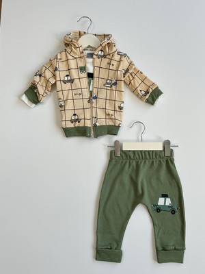 Erkek Bebek 3'lü Araba Desenli Yeşil Takım