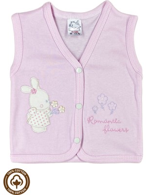 Kız Bebek Çiçekli Ayıcık Nakışlı %100 Organik Pamuklu Penye Bebek Yelek