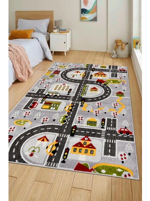 Dekozer Oyun Şehri Çocuk Oyun Halısı | 3 Boyutlu Araba Yolu Desenli, Tozumaz, Kolay Temizlik, Jüt Tabanlı