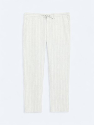 Gri Çizgili Dokuma Jogging Fit Casual Keten Karışımlı Pantolon