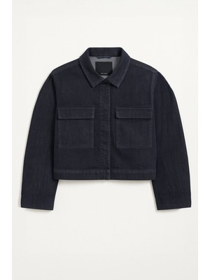 Kadın Cepli Oversize Lacivert Denim Ceket Gömlek