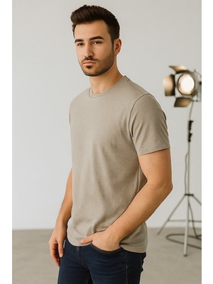 Erkek Haki Bisiklet Yaka Slim Fit Basic Tişört