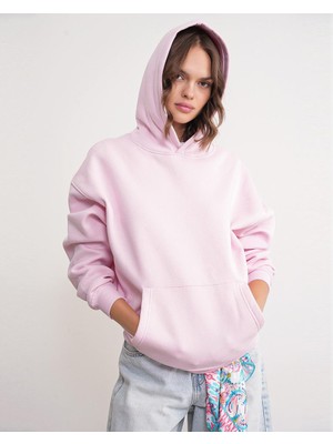 2022 Unisex 3iplik Basic Polarlı Kapüşonlu Sweatshirt Hoodie Pembe
