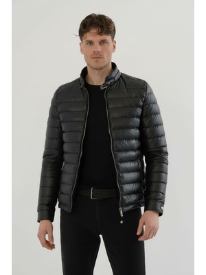 Erkek Siyah Slim Fit Içi Kalın Kürklü Su Itici Şişme Deri Ceket & Mont