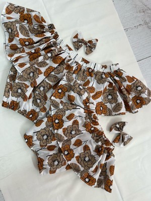 Anne Kız Kahverengi Çiçekli Bluz, Anne Kız Madonna Yaka Bluz(Fiyatları Ayrıdır)