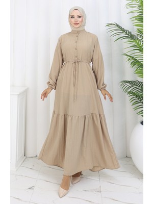 Beli Bağcıklı Yarım Düğmeli Elbise 0183-01 Bej