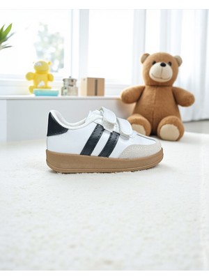 Unisex Rahat Tabanlı Hafif Esnek Ortopedik Cırtlı Günlük Çocuk Sneaker Spor Ayakkabı - Beyaz-Siyah