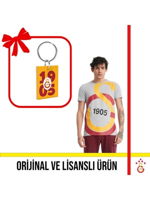 Galatasaray Lisanslı Büyük Logolu Gri T-Shirt ve Sarı-Kırmızı 1905 Yazılı Logolu Anahtarlık