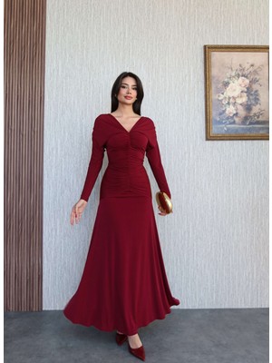 V Yaka Büzgülü Maxi Elbise