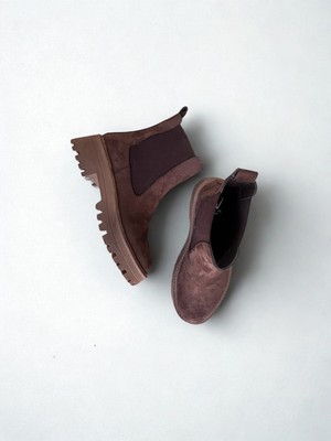 Kahve Süet Hakiki Deri Iki Yandan Lastikli Kadın Chelsea Bot