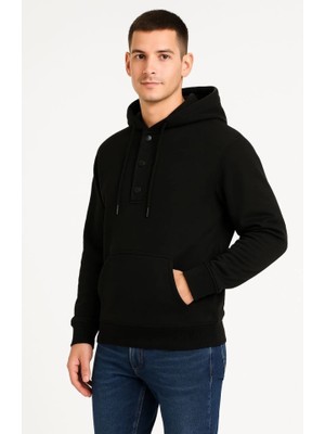 Erkek Ovarsize Kapüşonlu Swetshirt Kanguru Çepli Cıtcıtlı 3 Iplik Şardonlu Hoodie - Siyah