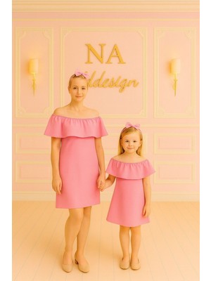 Anne Kız Pembe Madonna Yaka Elbise (Sepete Ayrı Eklenmelidir, Fiyatları Ayrıdır)